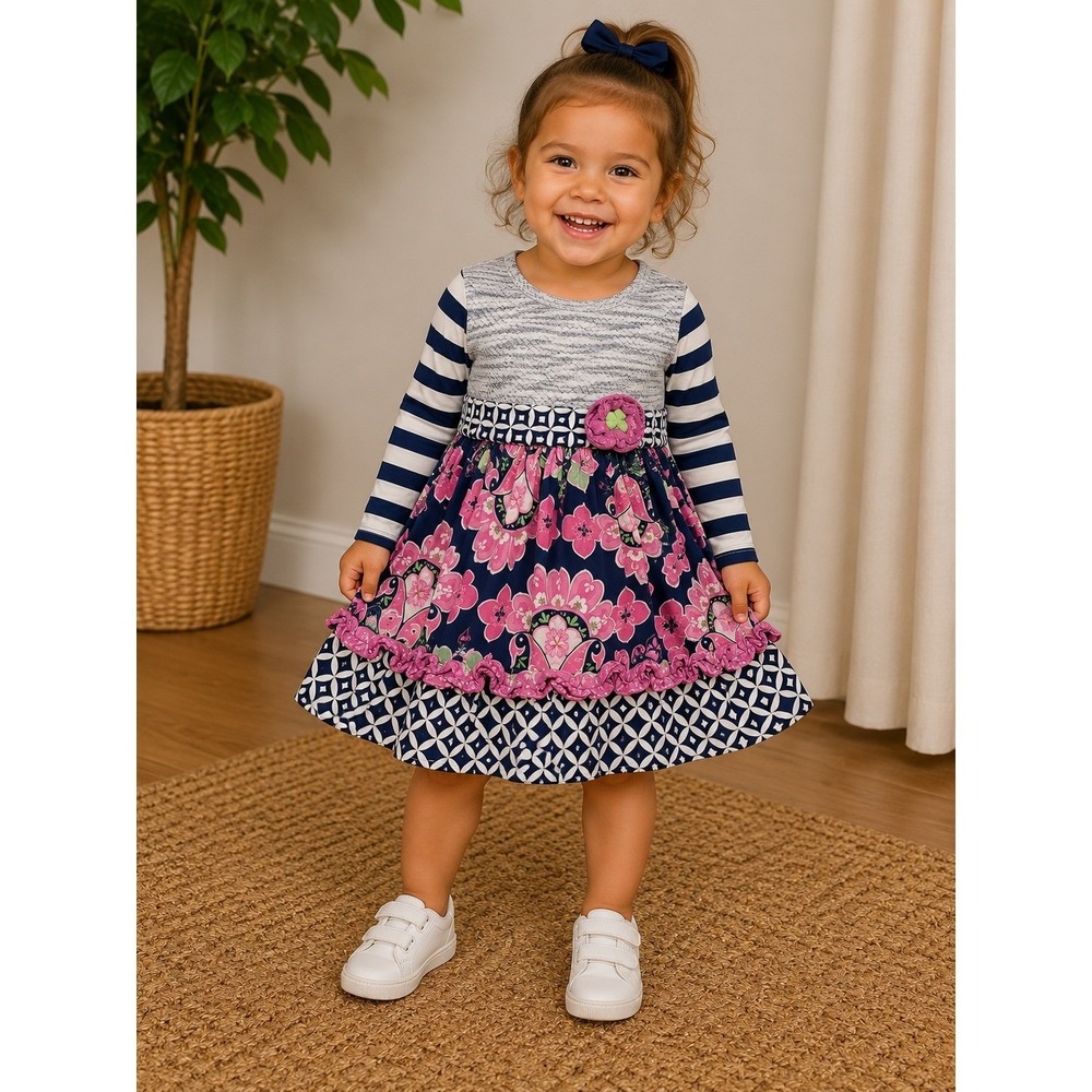 Counting Daisies Girl 18M Navy Pinkโ Mixed Media Floral Paisley Striped Dress